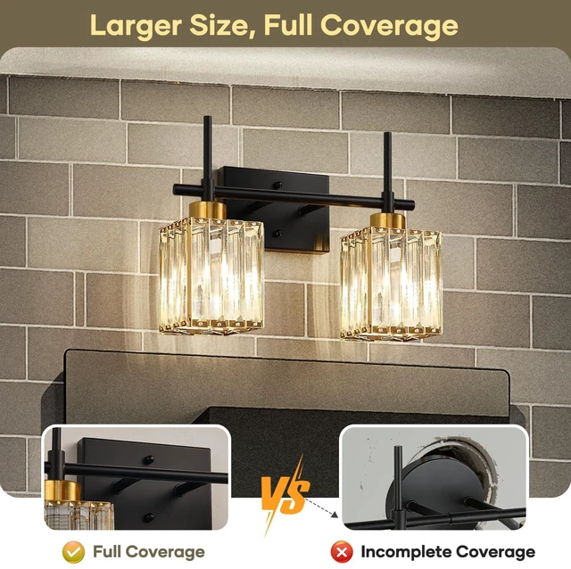 Alt view image 6 of 7 - Modern Crystal Bathroom Vanity Light 2-Lights Gold Bathroom Light Fixtures Over Mirror Black and Gold Vanity Lighting Fixtures Gold Square Shade Brass Wall Sconce (Bulbs Not Include)