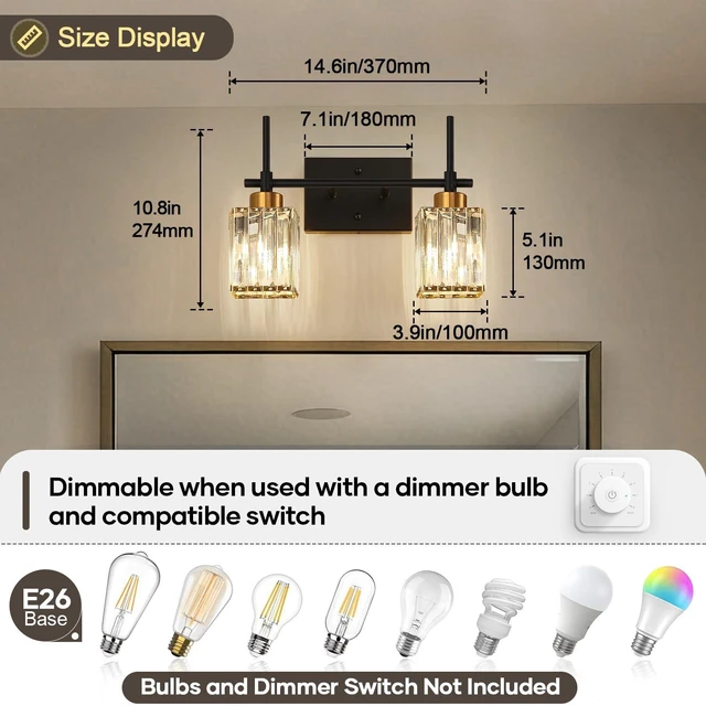 Alt view image 7 of 7 - Modern Crystal Bathroom Vanity Light 2-Lights Gold Bathroom Light Fixtures Over Mirror Black and Gold Vanity Lighting Fixtures Gold Square Shade Brass Wall Sconce (Bulbs Not Include)