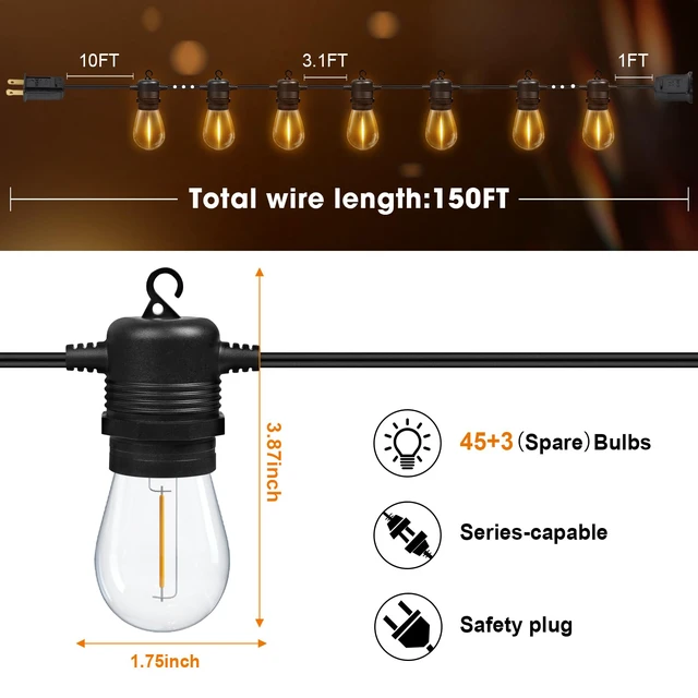 Alt view image 6 of 7 - S14 LED Outdoor String Lights 150FT Patio Lights Outdoor Waterproof with 45+3 Shatterproof LED Bulbs, Hanging Backyard Lights for Outside Deck Patio Garden Balcony Decorations