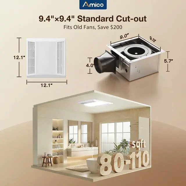 Alt view image 2 of 7 - Bathroom Exhaust Fan with LED Light, 110 CFM, 1.0 Sones, 5CCT, 90 CRI 1000LM, Ceiling Mount Shower Ventilation Fan, No Attic Access Needed, 4 Inch Duct, 9.4'' x 9.4'' Ceiling Opening, ETL & FCC