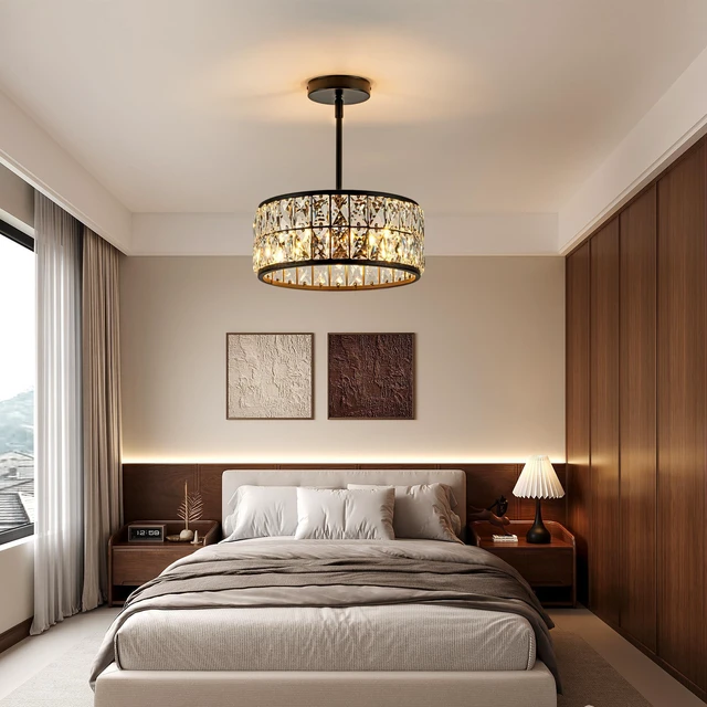 Alt view image 3 of 7 - 3-Light Crystal Ceiling Light, Modern Semi Flush Mount Ceiling Light, Black Crystal Chandelier for Kitchen Bedroom Bathroom Entryway Hallway