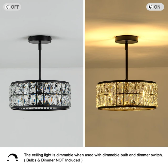 Alt view image 6 of 7 - 3-Light Crystal Ceiling Light, Modern Semi Flush Mount Ceiling Light, Black Crystal Chandelier for Kitchen Bedroom Bathroom Entryway Hallway