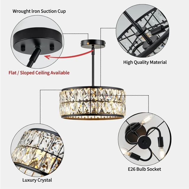 Alt view image 7 of 7 - 3-Light Crystal Ceiling Light, Modern Semi Flush Mount Ceiling Light, Black Crystal Chandelier for Kitchen Bedroom Bathroom Entryway Hallway