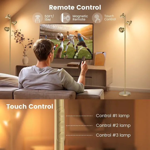 Alt view image 4 of 7 - 36W LED Tree Floor Lamp, Modern Dimmable Standing Lamp with Remote & Touch Control, 4 Color Temperatures, 3 Rotatable LED Light Floor Lamps for Living Room, Bedroom, Office