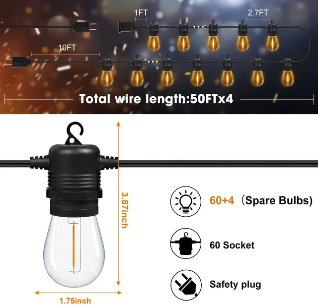 Alt view image 6 of 7 - 200FT(50FT*4) LED Outdoor String Lights Waterproof Patio Lights with 64 Shatterproof S14 Edison Bulbs(4 Spare), Dimmable Hanging Outdoor Light Connectable for Yard, Porch, 2700K Warm White