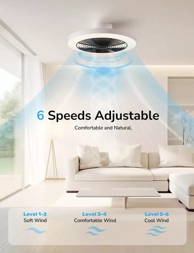 Alt view image 2 of 7 - Ceiling Fans with Lights, Low Profile Ceiling Fan with Lights and Remote, 6 Wind Speeds Smart Flush Mount Ceiling Fan for Bedroom, Kids Room and Living Room 19.7" (Black)