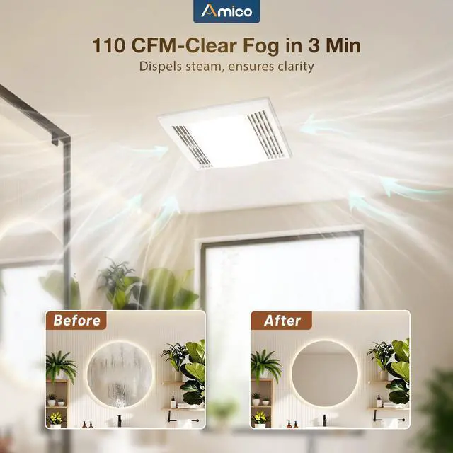 Alt view image 4 of 7 - Bathroom Exhaust Fan with LED Light, 110 CFM, 1.0 Sones, 5CCT, 90 CRI 1000LM, Ceiling Mount Shower Ventilation Fan, No Attic Access Needed, 4 Inch Duct, 9.4'' x 9.4'' Ceiling Opening, ETL & FCC