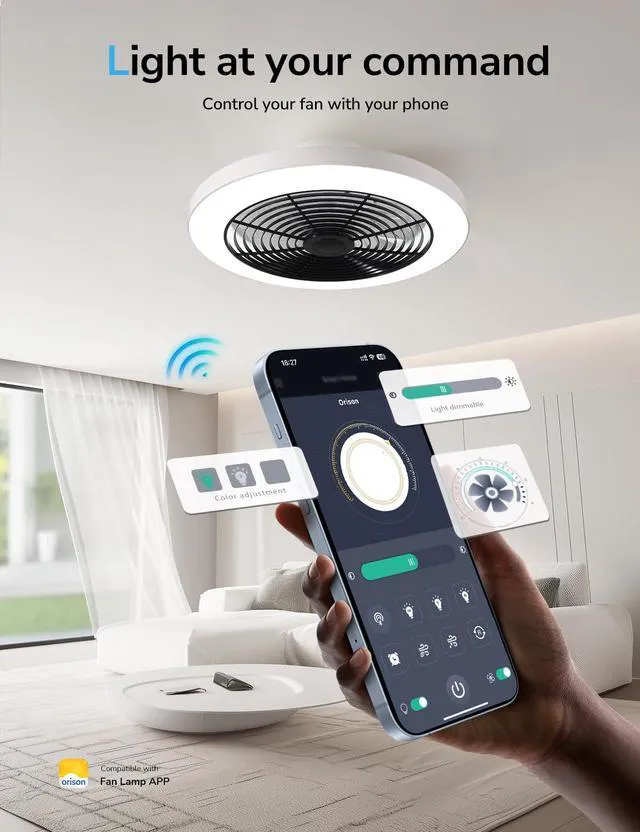 Alt view image 3 of 7 - Ceiling Fans with Lights, Low Profile Ceiling Fan with Lights and Remote, 6 Wind Speeds Smart Flush Mount Ceiling Fan for Bedroom, Kids Room and Living Room 19.7" (Black)