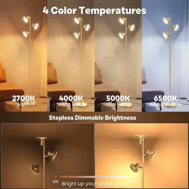 Alt view image 6 of 7 - 36W LED Tree Floor Lamp, Modern Dimmable Standing Lamp with Remote & Touch Control, 4 Color Temperatures, 3 Rotatable LED Light Floor Lamps for Living Room, Bedroom, Office