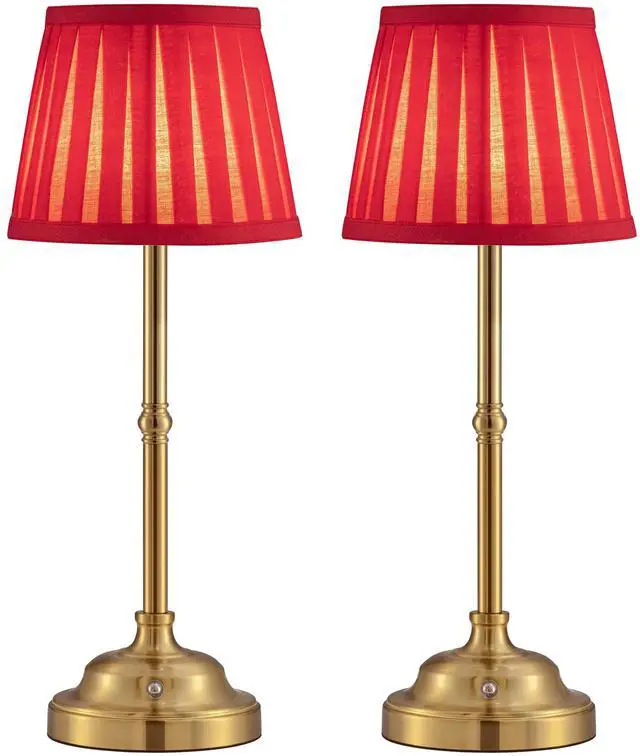 Main image of Gold Cordless LED Table Lamps Set of 2, Red Fabric Shade Desk Lamps Portable 4000mAh Rechargeable Battery Powered, Dimmable Lighting for Dining Room, Bedroom, Bedside, Night Light, Balcony