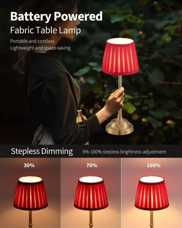 Alt view image 4 of 7 - Gold Cordless LED Table Lamps Set of 2, Red Fabric Shade Desk Lamps Portable 4000mAh Rechargeable Battery Powered, Dimmable Lighting for Dining Room, Bedroom, Bedside, Night Light, Balcony