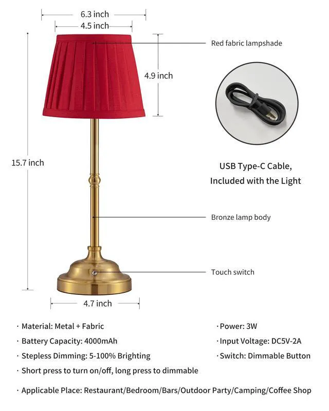 Alt view image 5 of 7 - Gold Cordless LED Table Lamps Set of 2, Red Fabric Shade Desk Lamps Portable 4000mAh Rechargeable Battery Powered, Dimmable Lighting for Dining Room, Bedroom, Bedside, Night Light, Balcony