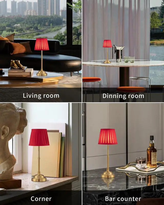 Alt view image 6 of 7 - Gold Cordless LED Table Lamps Set of 2, Red Fabric Shade Desk Lamps Portable 4000mAh Rechargeable Battery Powered, Dimmable Lighting for Dining Room, Bedroom, Bedside, Night Light, Balcony