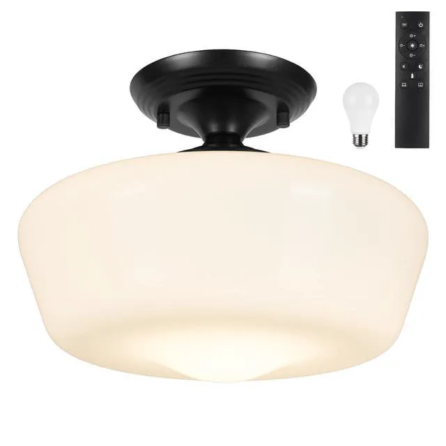 Main image of Schoolhouse Style Semi Flush Mount Ceiling Light with Dimmable Bulb Remote Control, 12" Modern Gold Hallway Ceiling Lamp with Opal Milk Glass Shade, Farmhouse Globe Light for Bedroom Kitchen Laundry