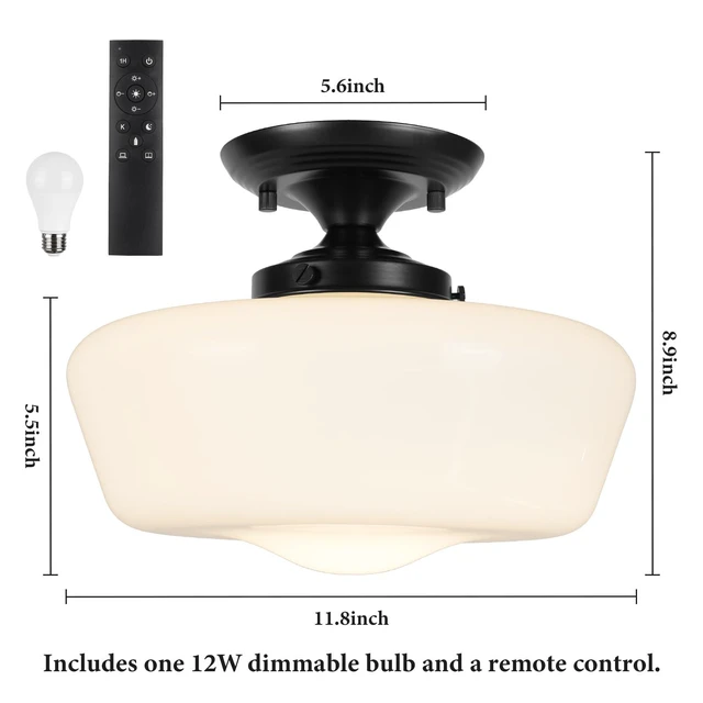 Alt view image 2 of 7 - Schoolhouse Style Semi Flush Mount Ceiling Light with Dimmable Bulb Remote Control, 12" Modern Gold Hallway Ceiling Lamp with Opal Milk Glass Shade, Farmhouse Globe Light for Bedroom Kitchen Laundry