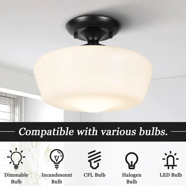 Alt view image 4 of 7 - Schoolhouse Style Semi Flush Mount Ceiling Light with Dimmable Bulb Remote Control, 12" Modern Gold Hallway Ceiling Lamp with Opal Milk Glass Shade, Farmhouse Globe Light for Bedroom Kitchen Laundry