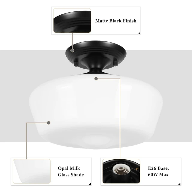 Alt view image 3 of 7 - Schoolhouse Style Semi Flush Mount Ceiling Light with Dimmable Bulb Remote Control, 12" Modern Gold Hallway Ceiling Lamp with Opal Milk Glass Shade, Farmhouse Globe Light for Bedroom Kitchen Laundry