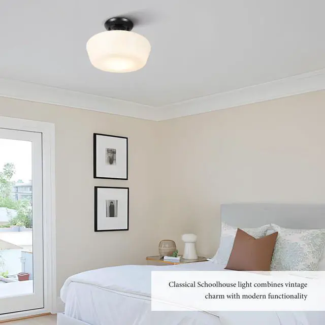 Alt view image 5 of 7 - Schoolhouse Style Semi Flush Mount Ceiling Light with Dimmable Bulb Remote Control, 12" Modern Gold Hallway Ceiling Lamp with Opal Milk Glass Shade, Farmhouse Globe Light for Bedroom Kitchen Laundry