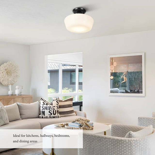 Alt view image 6 of 7 - Schoolhouse Style Semi Flush Mount Ceiling Light with Dimmable Bulb Remote Control, 12" Modern Gold Hallway Ceiling Lamp with Opal Milk Glass Shade, Farmhouse Globe Light for Bedroom Kitchen Laundry