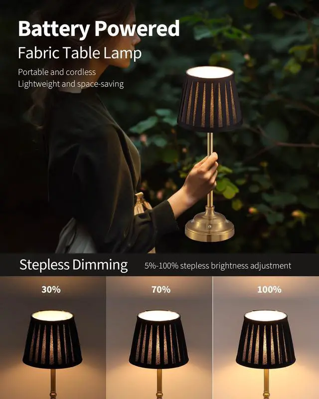 Alt view image 4 of 7 - Gold Cordless LED Table Lamps Set of 2, Black Fabric Shade Desk Lamps Portable 4000mAh Rechargeable Battery Powered, Dimmable Lighting for Dining Room, Bedroom, Bedside, Night Light, Balcony