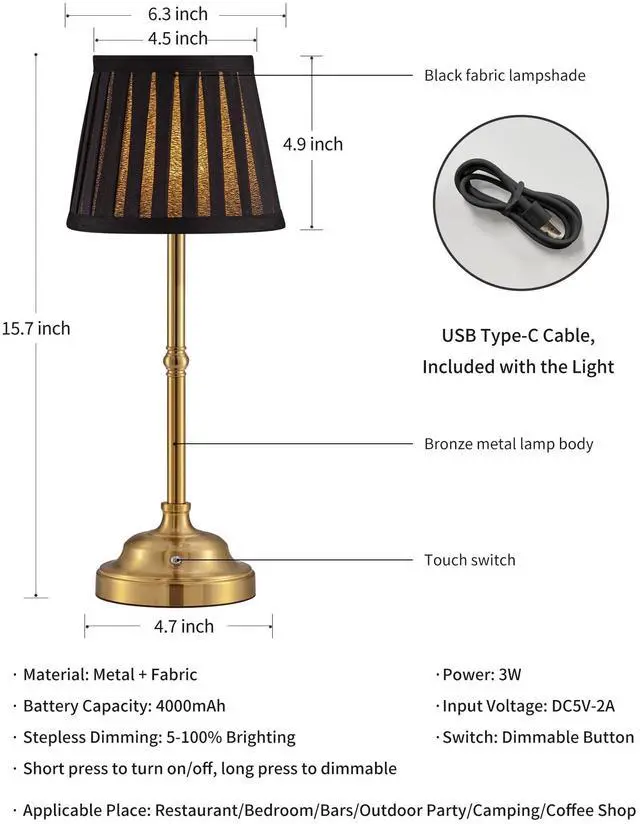 Alt view image 5 of 7 - Gold Cordless LED Table Lamps Set of 2, Black Fabric Shade Desk Lamps Portable 4000mAh Rechargeable Battery Powered, Dimmable Lighting for Dining Room, Bedroom, Bedside, Night Light, Balcony