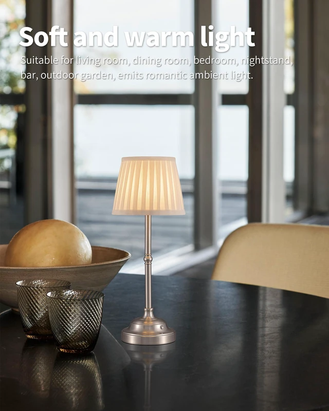 Alt view image 3 of 7 - Nickel Cordless LED Table Lamps Set of 2, Beige Fabric Shade Desk Lamps Portable 4000mAh Rechargeable Battery Powered, Dimmable Lighting for Dining Room, Bedroom, Bedside, Night Light, Balcony