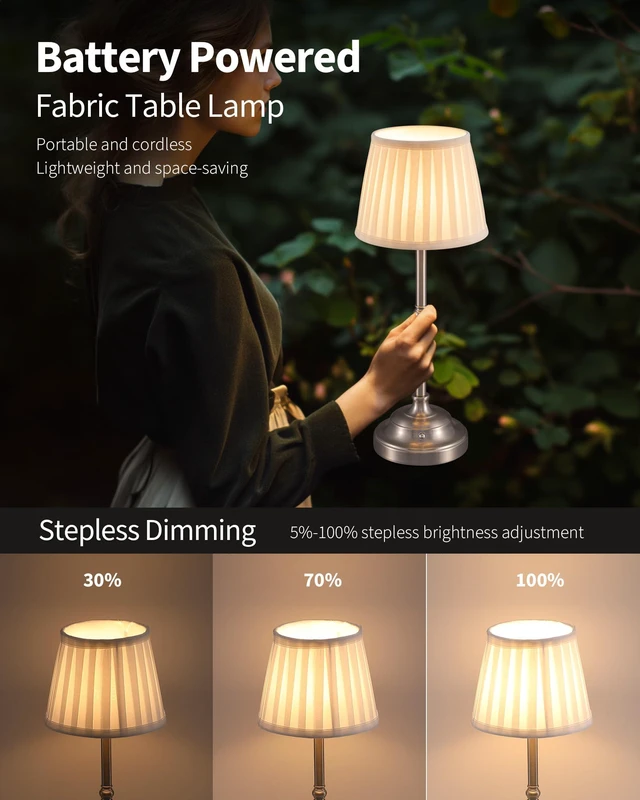 Alt view image 4 of 7 - Nickel Cordless LED Table Lamps Set of 2, Beige Fabric Shade Desk Lamps Portable 4000mAh Rechargeable Battery Powered, Dimmable Lighting for Dining Room, Bedroom, Bedside, Night Light, Balcony