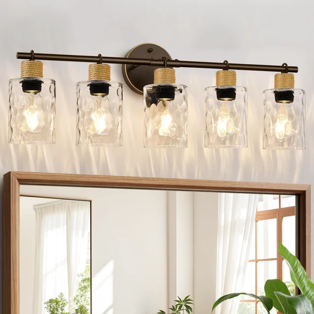 Main image of Bathroom Light Fixtures, 5-Light Coastal Vanity Lights with Crystal Glass Shade, Oil-Rubbed Bronze Bathroom Wall Lamp for Mirror Kitchen Hallway Cabinet