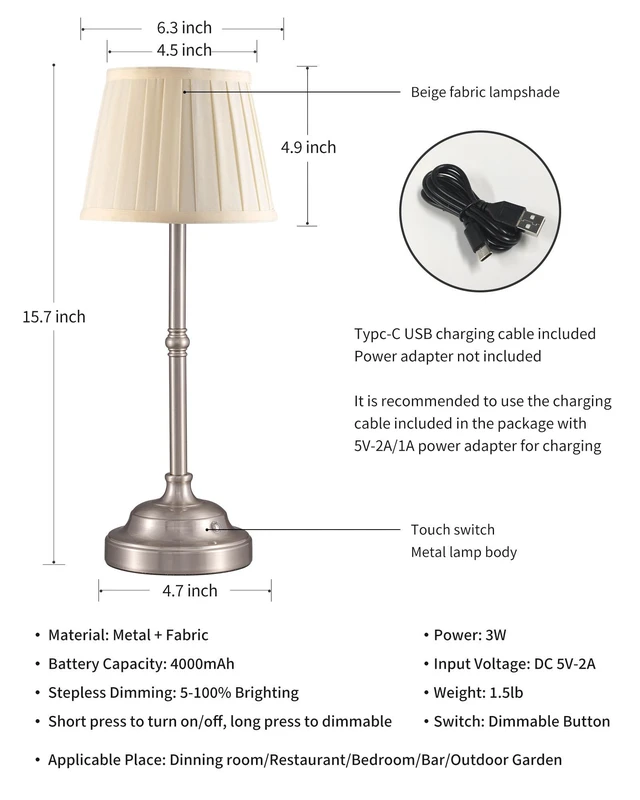 Alt view image 5 of 7 - Nickel Cordless LED Table Lamps Set of 2, Beige Fabric Shade Desk Lamps Portable 4000mAh Rechargeable Battery Powered, Dimmable Lighting for Dining Room, Bedroom, Bedside, Night Light, Balcony