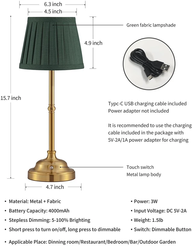 Alt view image 5 of 7 - Gold Cordless LED Table Lamps Set of 2, Green Fabric Shade Desk Lamps Portable 4000mAh Rechargeable Battery Powered, Dimmable Lighting for Dining Room, Bedroom, Bedside, Night Light, Balcony