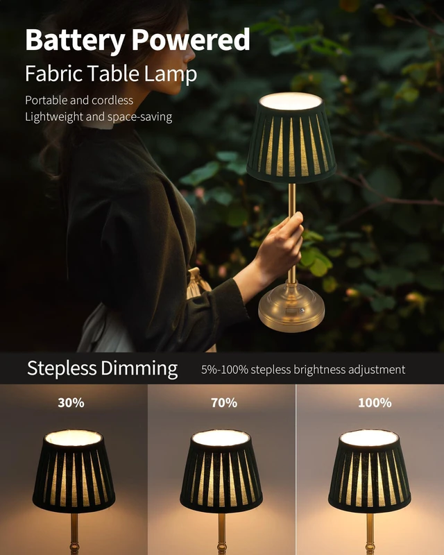 Alt view image 4 of 7 - Gold Cordless LED Table Lamps Set of 2, Green Fabric Shade Desk Lamps Portable 4000mAh Rechargeable Battery Powered, Dimmable Lighting for Dining Room, Bedroom, Bedside, Night Light, Balcony