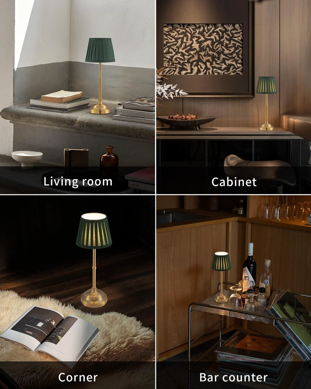 Alt view image 6 of 7 - Gold Cordless LED Table Lamps Set of 2, Green Fabric Shade Desk Lamps Portable 4000mAh Rechargeable Battery Powered, Dimmable Lighting for Dining Room, Bedroom, Bedside, Night Light, Balcony
