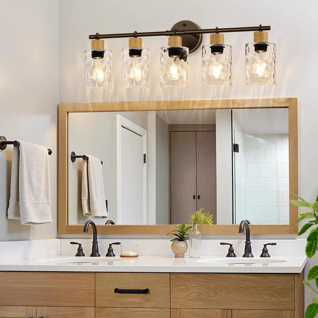 Alt view image 4 of 7 - Bathroom Light Fixtures, 5-Light Coastal Vanity Lights with Crystal Glass Shade, Oil-Rubbed Bronze Bathroom Wall Lamp for Mirror Kitchen Hallway Cabinet