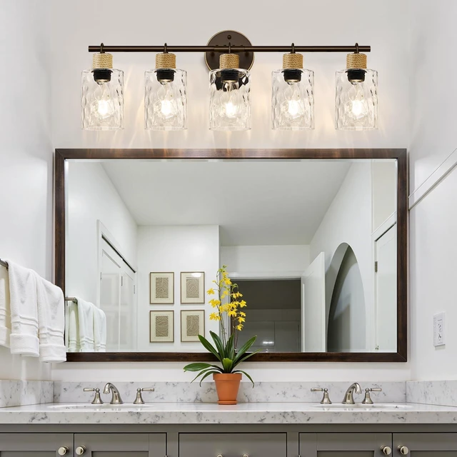 Alt view image 7 of 7 - Bathroom Light Fixtures, 5-Light Coastal Vanity Lights with Crystal Glass Shade, Oil-Rubbed Bronze Bathroom Wall Lamp for Mirror Kitchen Hallway Cabinet