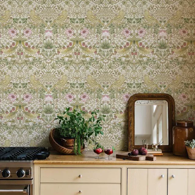 Alt view image 2 of 7 - William Morris Vintage Peel and Stick Wallpaper 17.7 x 1200in Strawberry/Bird Botanical Self Adhesive Removable Waterproof Contact Paper for Living Room Bedroom Cabinets Drawers Decor