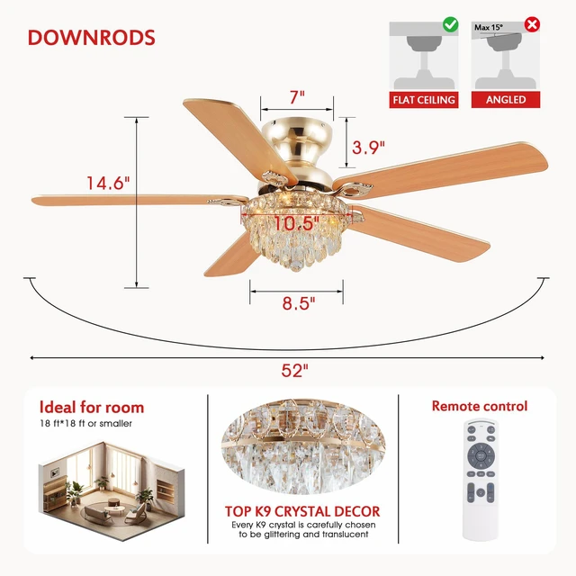 Alt view image 3 of 7 - Crystal Ceiling Fan Fandelier with Lights-Modern Ceiling Fan(52" Gold) Crystal Ceiling Fans with Remote Control,Modern Ceiling Fan with Noiseless DC Reversible Motor,Dining Room,Living Room