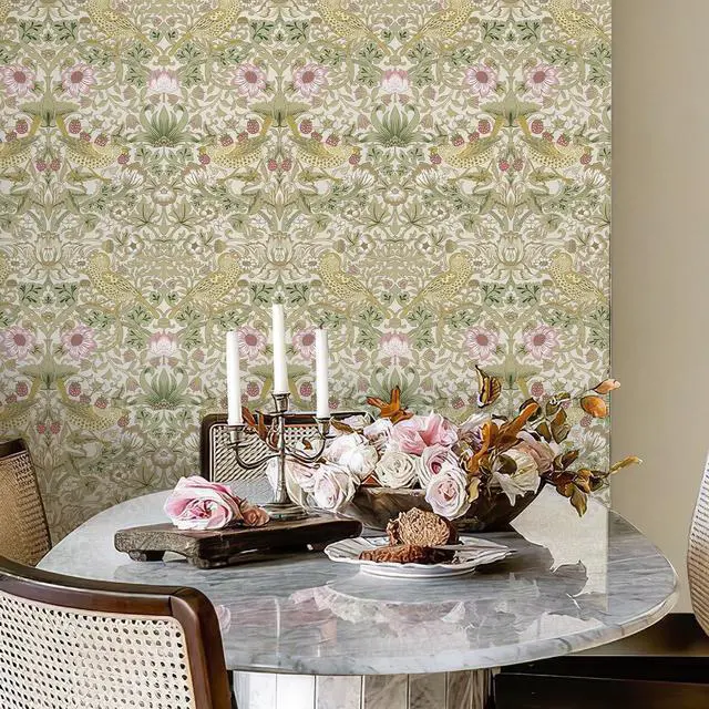 Alt view image 5 of 7 - William Morris Vintage Peel and Stick Wallpaper 17.7 x 1200in Strawberry/Bird Botanical Self Adhesive Removable Waterproof Contact Paper for Living Room Bedroom Cabinets Drawers Decor