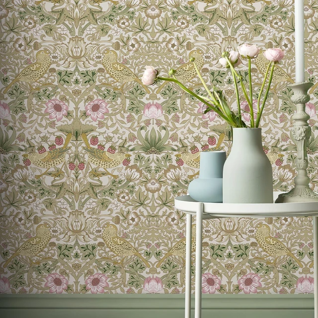 Alt view image 3 of 7 - William Morris Vintage Peel and Stick Wallpaper 17.7 x 1200in Strawberry/Bird Botanical Self Adhesive Removable Waterproof Contact Paper for Living Room Bedroom Cabinets Drawers Decor