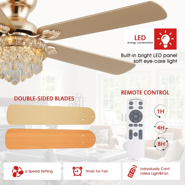 Alt view image 5 of 7 - Crystal Ceiling Fan Fandelier with Lights-Modern Ceiling Fan(52" Gold) Crystal Ceiling Fans with Remote Control,Modern Ceiling Fan with Noiseless DC Reversible Motor,Dining Room,Living Room