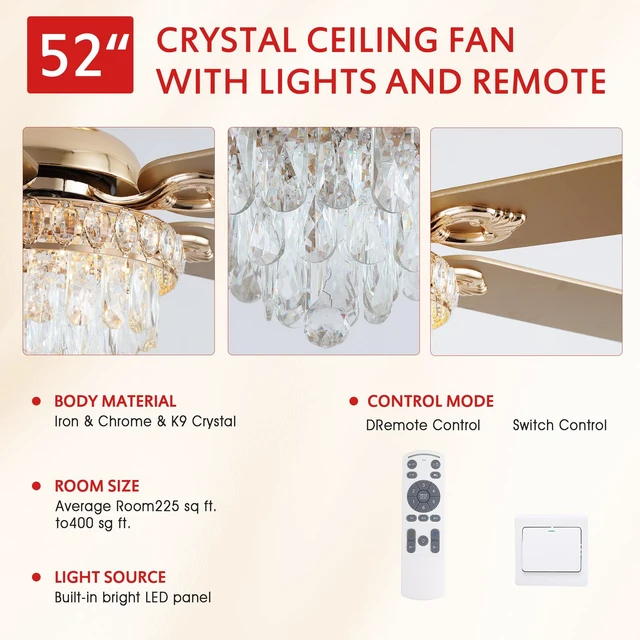 Alt view image 7 of 7 - Crystal Ceiling Fan Fandelier with Lights-Modern Ceiling Fan(52" Gold) Crystal Ceiling Fans with Remote Control,Modern Ceiling Fan with Noiseless DC Reversible Motor,Dining Room,Living Room