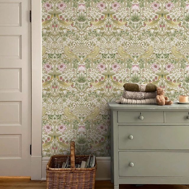 Alt view image 6 of 7 - William Morris Vintage Peel and Stick Wallpaper 17.7 x 1200in Strawberry/Bird Botanical Self Adhesive Removable Waterproof Contact Paper for Living Room Bedroom Cabinets Drawers Decor