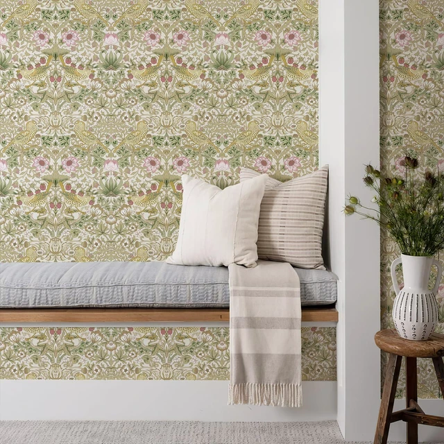 Alt view image 7 of 7 - William Morris Vintage Peel and Stick Wallpaper 17.7 x 1200in Strawberry/Bird Botanical Self Adhesive Removable Waterproof Contact Paper for Living Room Bedroom Cabinets Drawers Decor