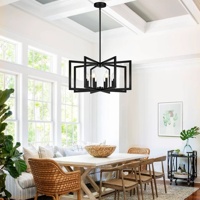 Alt view image 7 of 7 - 25"-61" Height Adjustable Modern Matte Black Chandelier for Dining Room, No Assembly Required Black Dining Room Light Fixture Over Table, Industrial Metal Pendant Lights Fixture for Kitchen Island