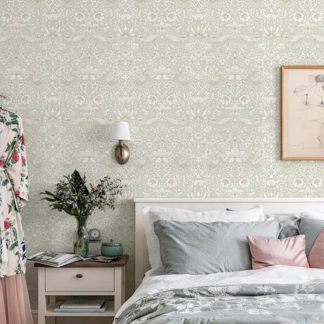 Alt view image 2 of 7 - William Morris Vintage Peel and Stick Wallpaper 17.7 x 1200in Grey Botanical Self Adhesive Removable Waterproof Contact Paper for Living Room Bedroom Cabinets Drawers Decor
