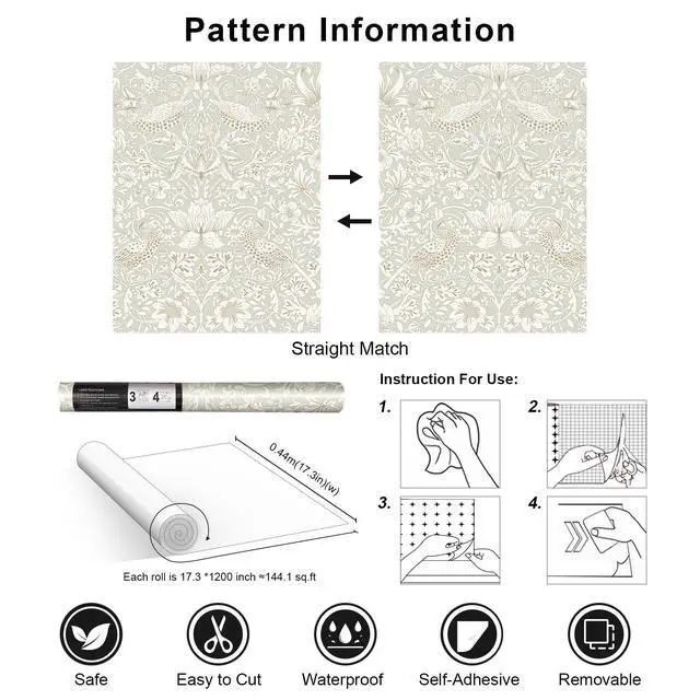 Alt view image 7 of 7 - William Morris Vintage Peel and Stick Wallpaper 17.7 x 1200in Grey Botanical Self Adhesive Removable Waterproof Contact Paper for Living Room Bedroom Cabinets Drawers Decor