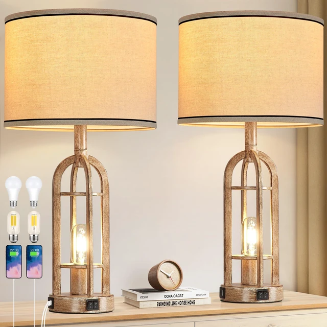 Main image of Farmhouse Table Lamps for Living Room End Table Set of 2 - Rustic Bedside Lamps for Bedroom Nightstand with Night Light & USB A+C, Bulbs Included