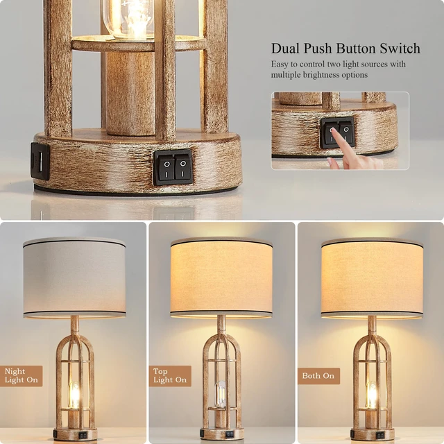 Alt view image 2 of 6 - Farmhouse Table Lamps for Living Room End Table Set of 2 - Rustic Bedside Lamps for Bedroom Nightstand with Night Light & USB A+C, Bulbs Included