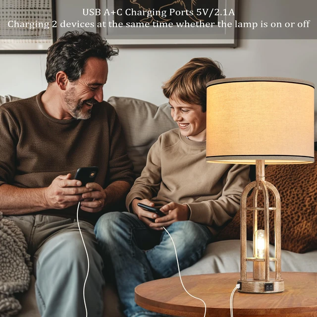 Alt view image 3 of 6 - Farmhouse Table Lamps for Living Room End Table Set of 2 - Rustic Bedside Lamps for Bedroom Nightstand with Night Light & USB A+C, Bulbs Included