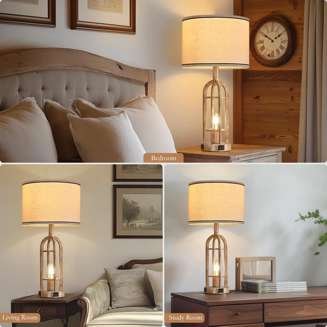 Alt view image 4 of 6 - Farmhouse Table Lamps for Living Room End Table Set of 2 - Rustic Bedside Lamps for Bedroom Nightstand with Night Light & USB A+C, Bulbs Included