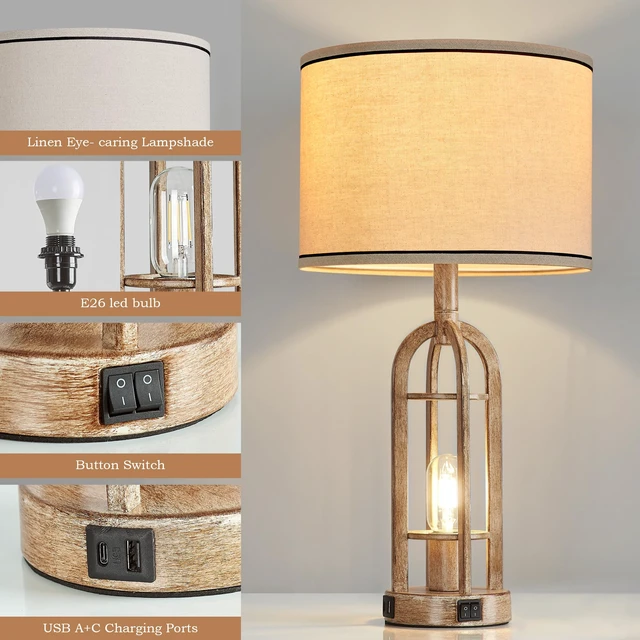 Alt view image 5 of 6 - Farmhouse Table Lamps for Living Room End Table Set of 2 - Rustic Bedside Lamps for Bedroom Nightstand with Night Light & USB A+C, Bulbs Included